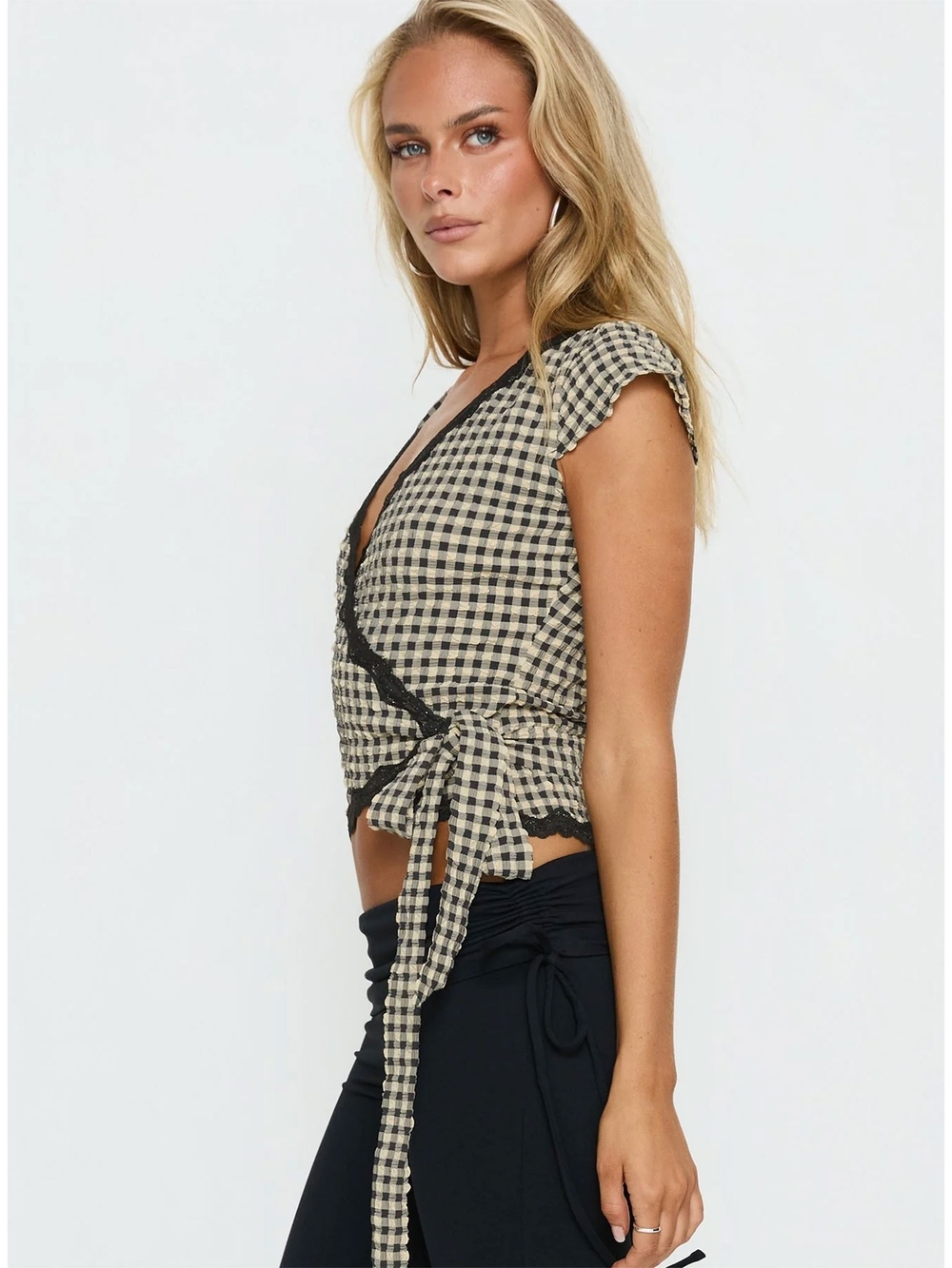 Princess Polly Meltwater Lace Trim Wrap Detail Top Black Check - NWT - Picture 3 of 6